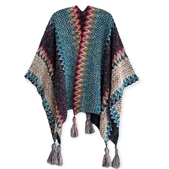 Boho Western Multicolor Cashmere Tassel Trim Knit Poncho Shawl Wrap - NEW - Picture 3 of 4